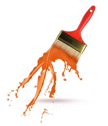 Image of Brush and splashing orange paint on white background