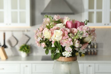 Beautiful bouquet of fresh flowers in vase indoors