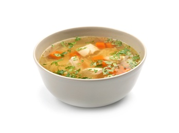 Photo of Bowl with fresh homemade chicken soup on white background