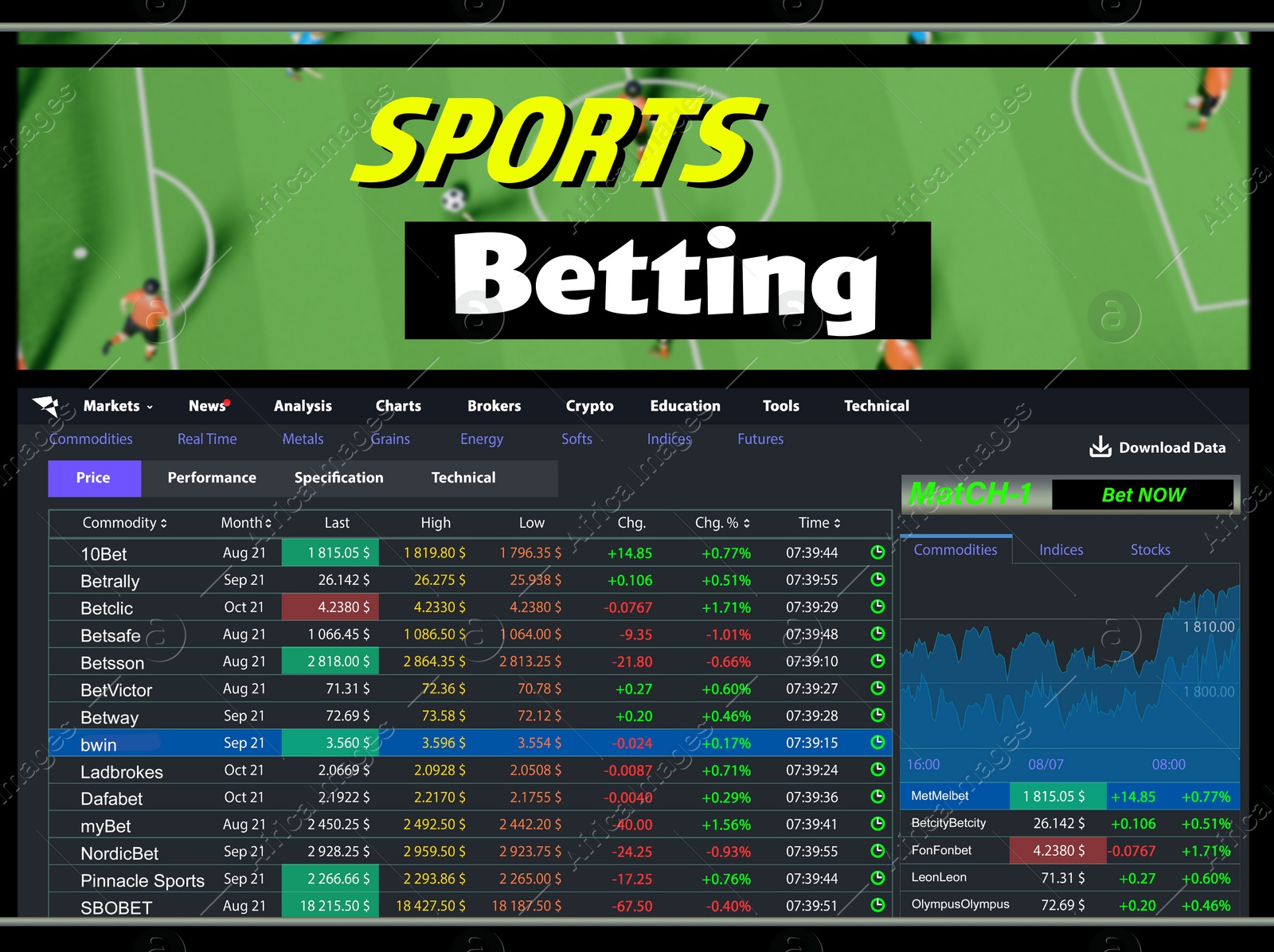 Illustration of Page of sports betting site with data