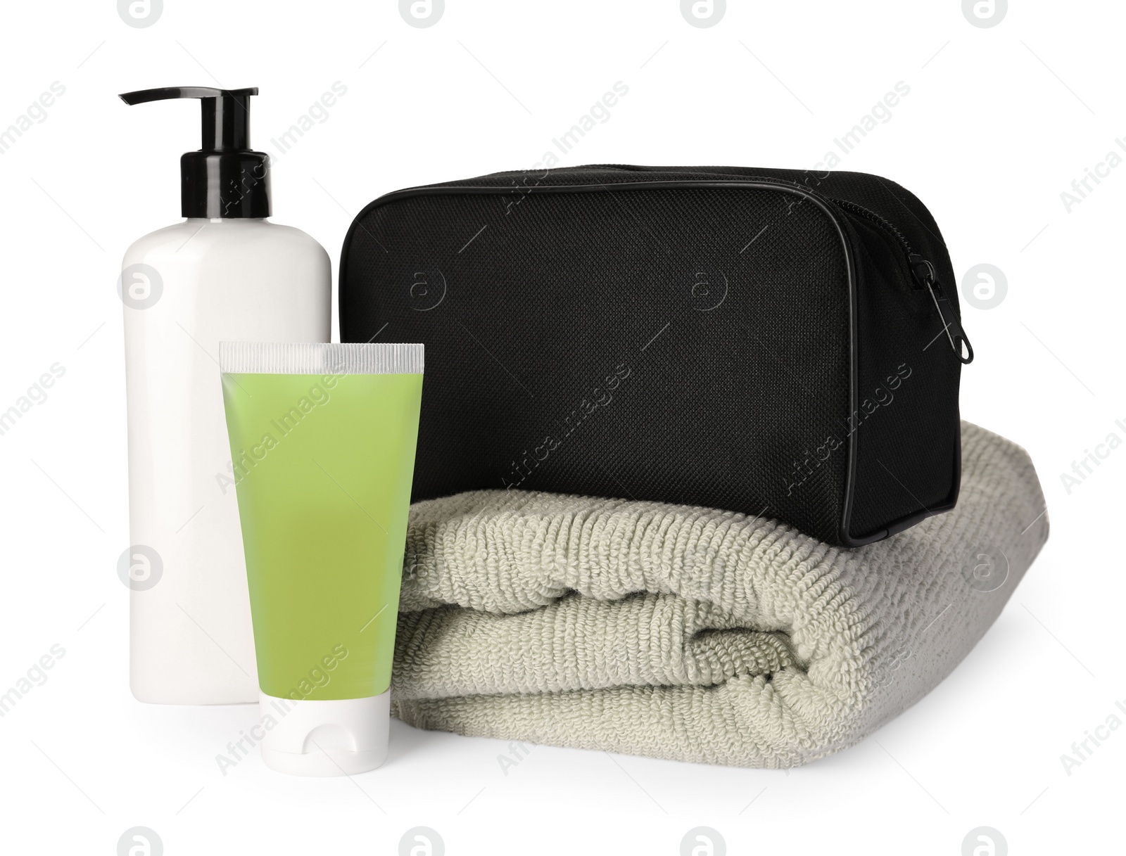 Photo of Preparation for spa. Compact toiletry bag and different cosmetic products isolated on white