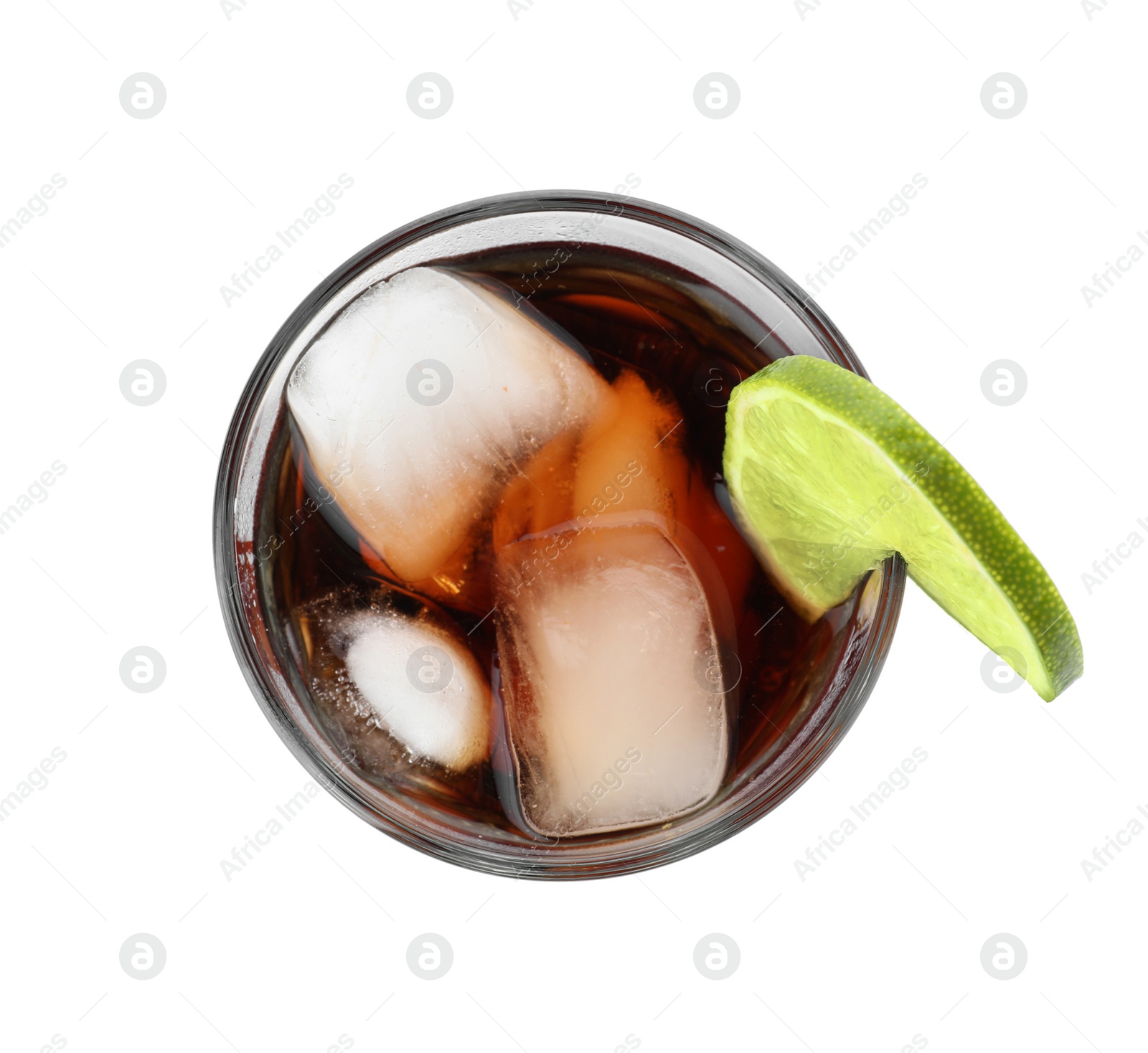Photo of Glass of Rum and Cola cocktail on white background, top view. Traditional alcoholic drink