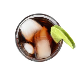 Photo of Glass of Rum and Cola cocktail on white background, top view. Traditional alcoholic drink