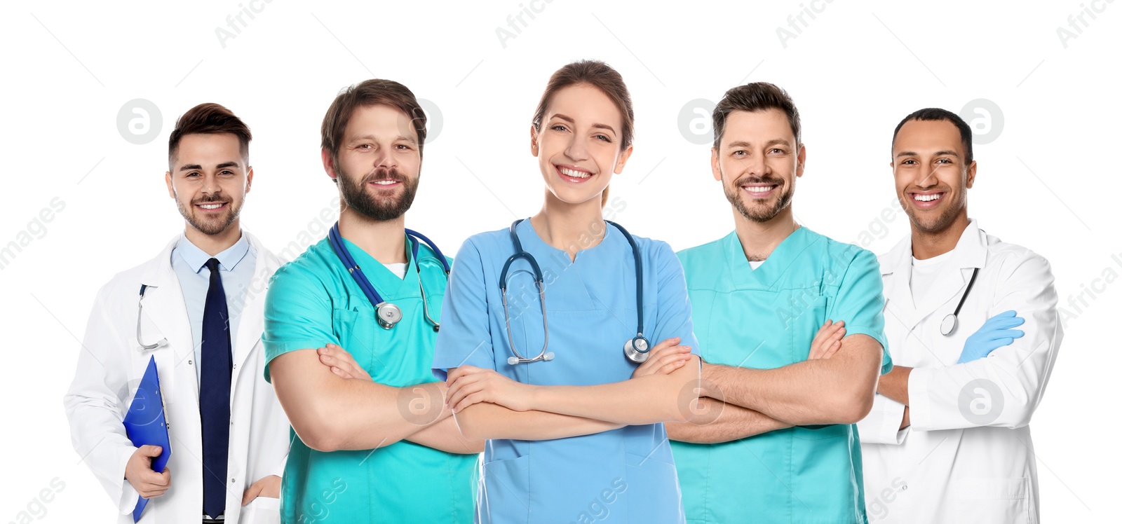 Image of Happy medical nurses on white background, set of photos