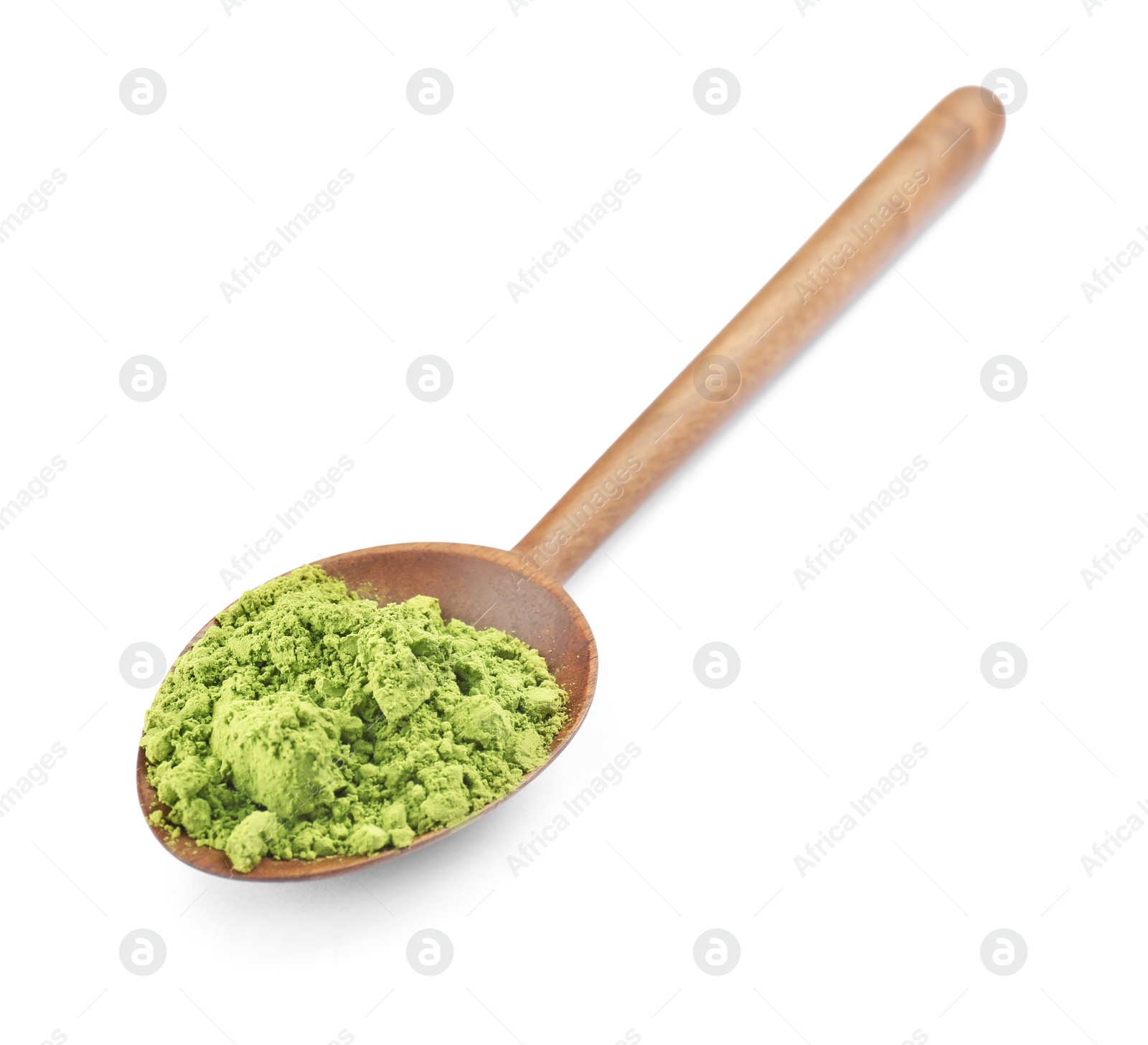 Photo of Spoon with powdered matcha tea on white background