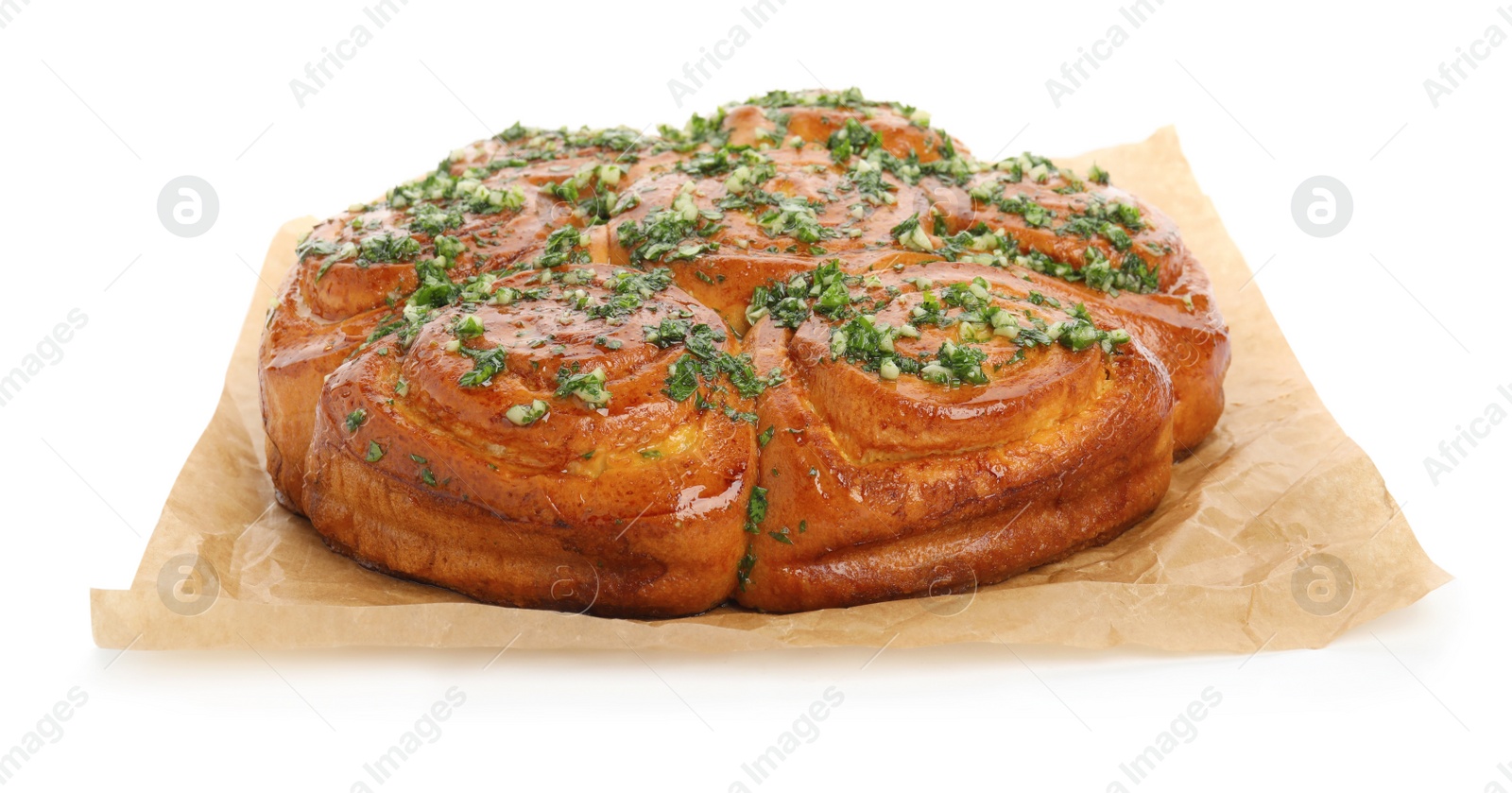 Photo of Traditional Ukrainian garlic bread with herbs (Pampushky) isolated on white