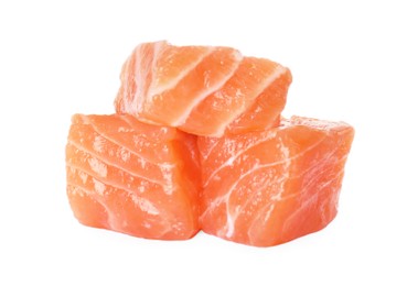 Photo of Pieces of fresh raw salmon on white background