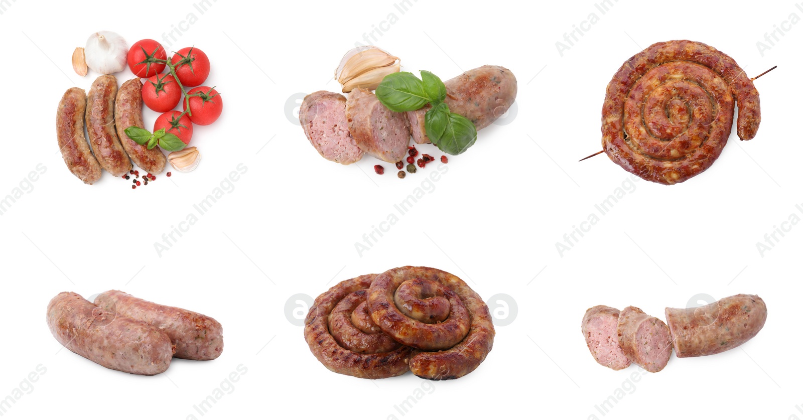 Image of Tasty homemade sausages isolated on white, set