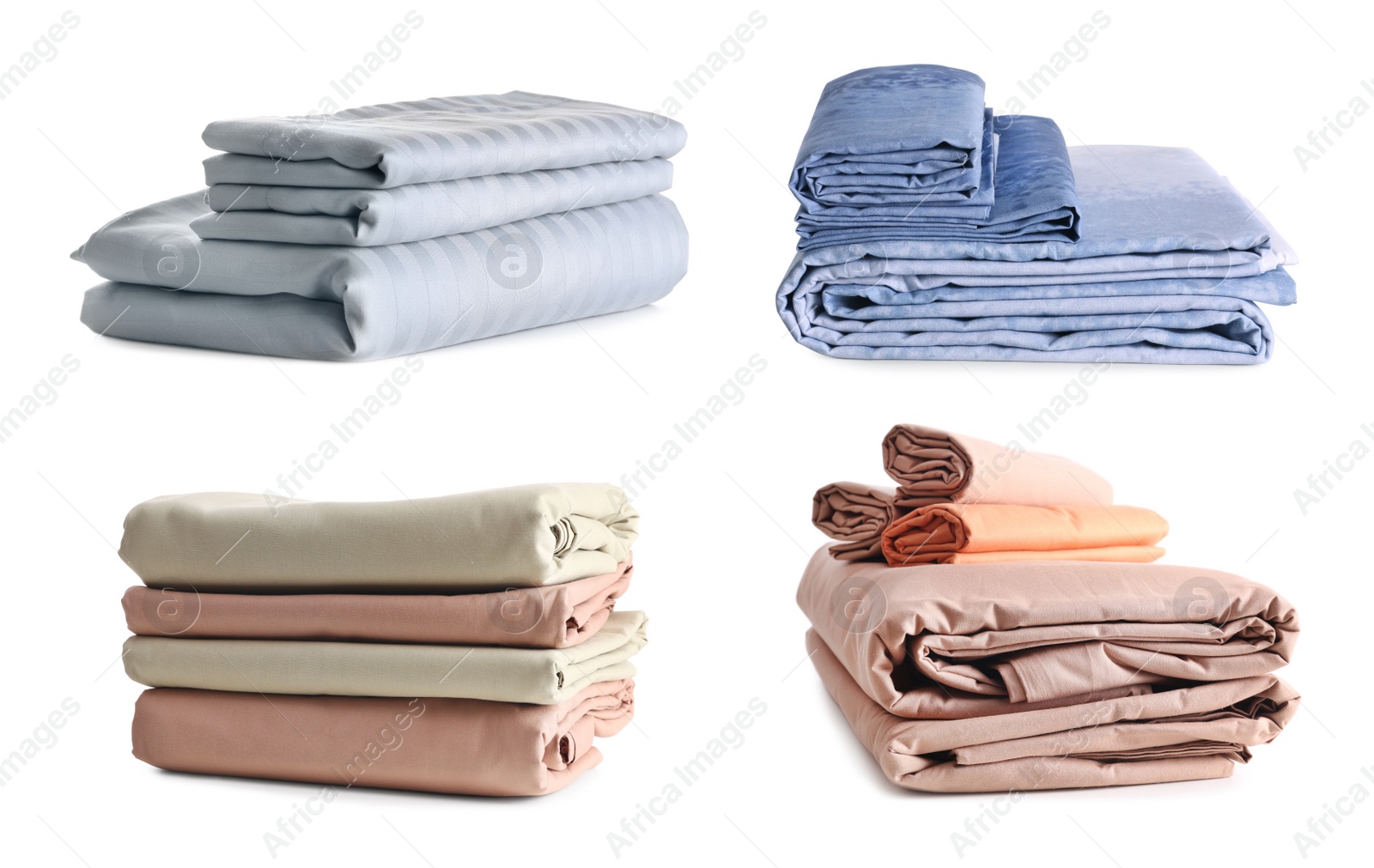 Image of Set with stacks of clean bed linen on white background