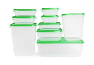 Empty plastic containers on white background. Food storage