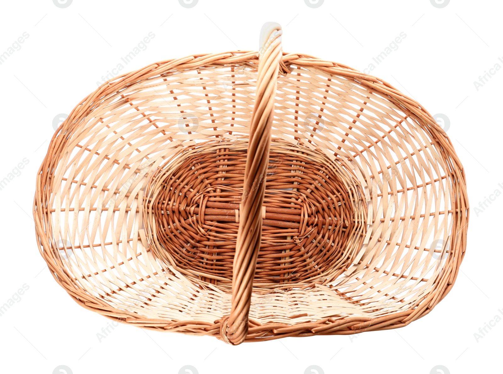 Photo of Wicker basket with handle isolated on white, top view