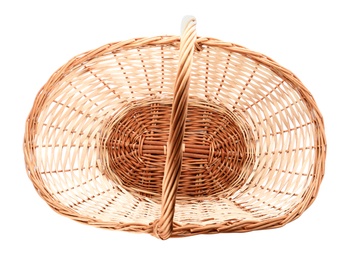 Wicker basket with handle isolated on white, top view