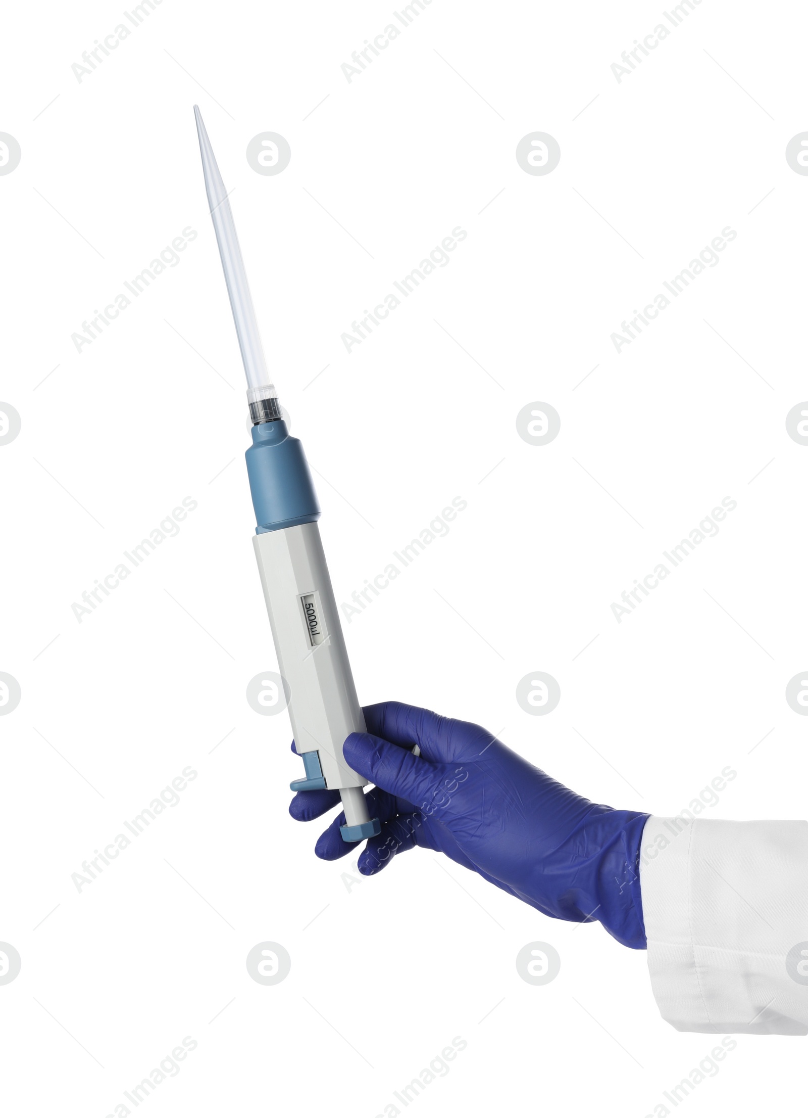 Photo of Laboratory analysis. Scientist holding micropipette on white background, closeup