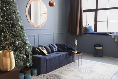 Living room interior with Christmas tree and festive decor