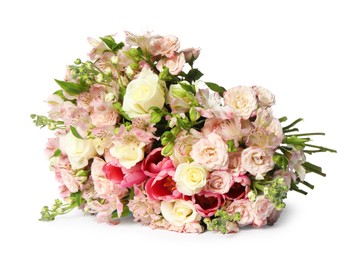 Beautiful bouquet of fresh flowers isolated on white