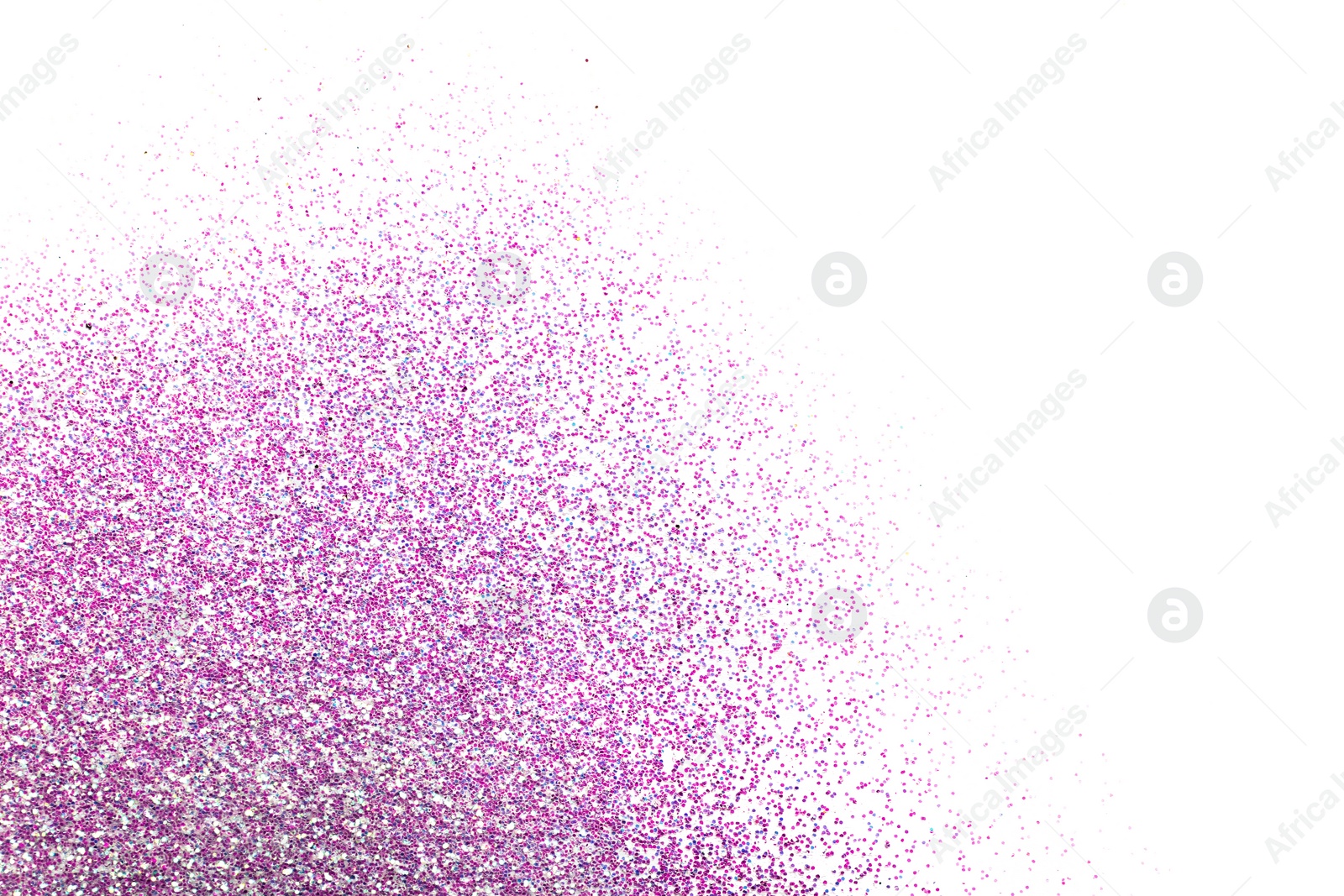 Photo of Pink glitter on white background, top view