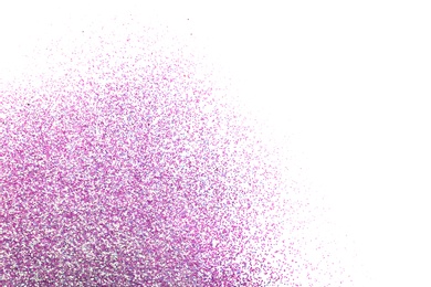 Photo of Pink glitter on white background, top view