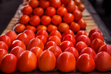 Fresh ripe persimmon fruit on counter at wholesale market