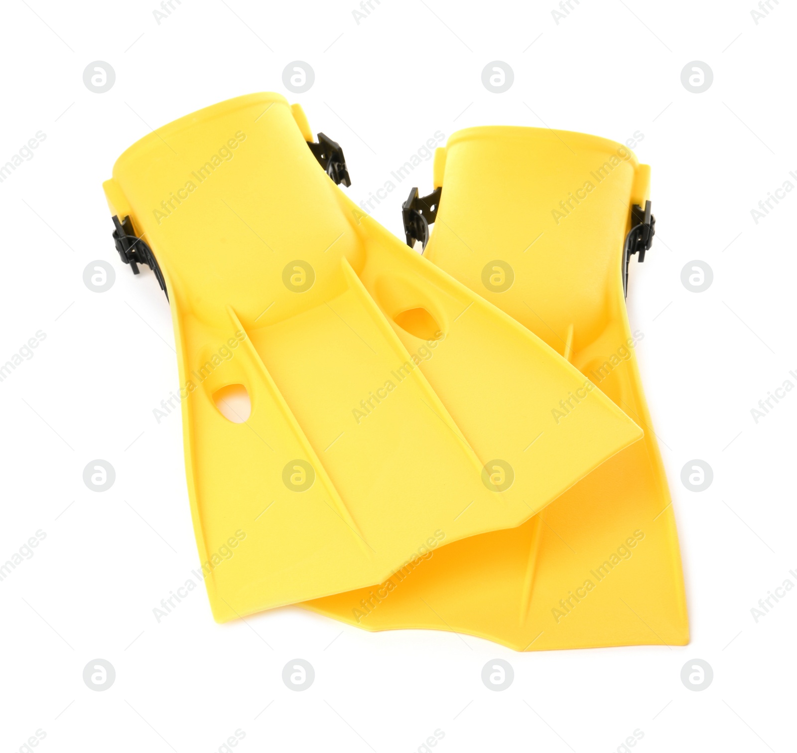 Photo of Pair of yellow flippers on white background