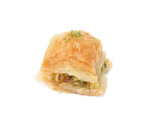 Piece of delicious baklava with pistachios isolated on white