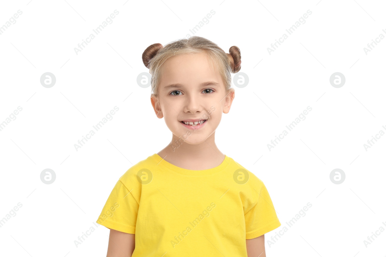 Photo of Cute little girl posing on white background