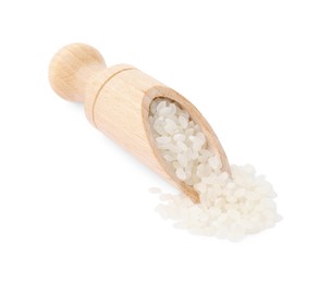 Photo of Scoop with raw rice isolated on white