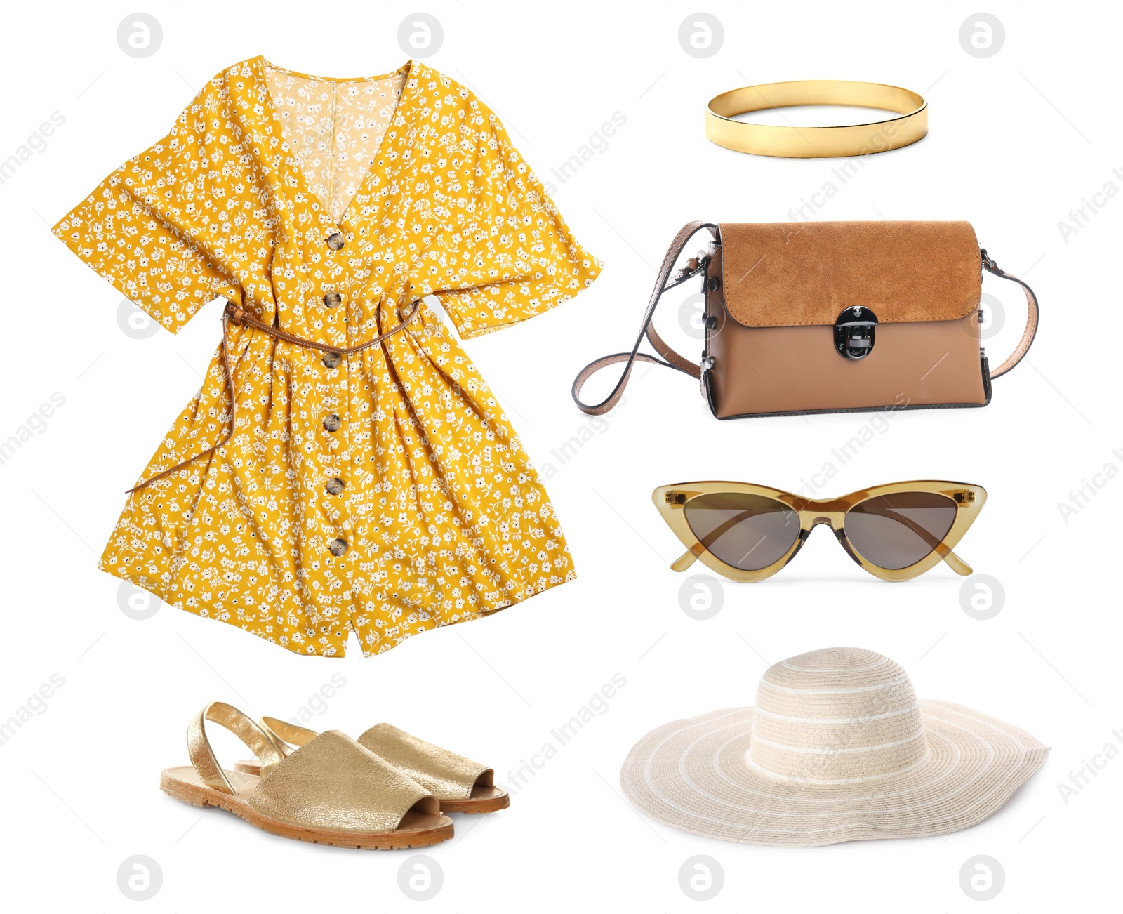 Image of Stylish look. Collage with dress, shoes and accessories for woman on white background
