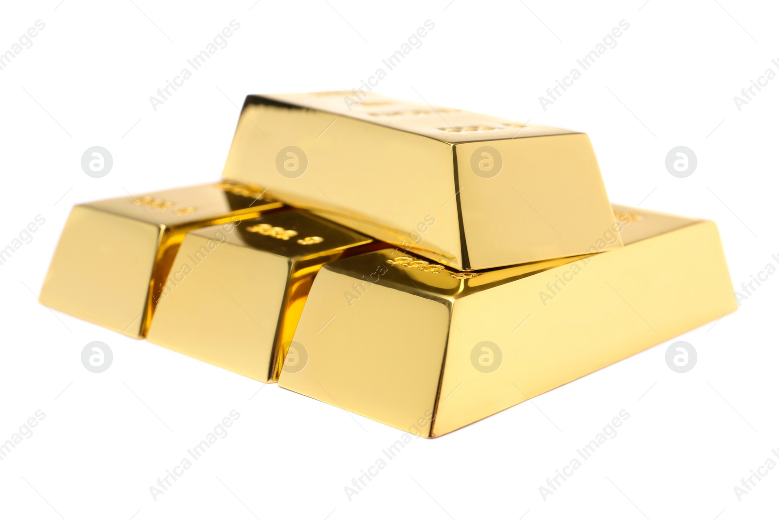 Photo of Precious shiny gold bars on white background