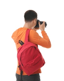 Male photographer with camera on white background