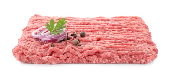 Raw ground meat, onion, peppercorns and parsley isolated on white