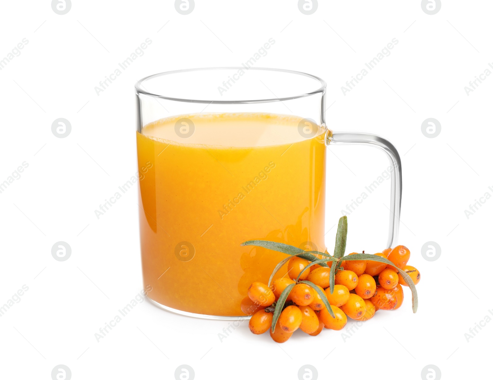 Photo of Sea buckthorn tea and fresh berries isolated on white