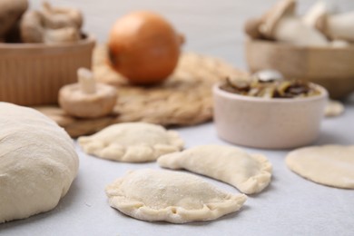 Process of making dumplings (varenyky) with mushrooms. Raw dough and ingredients on white table, closeup