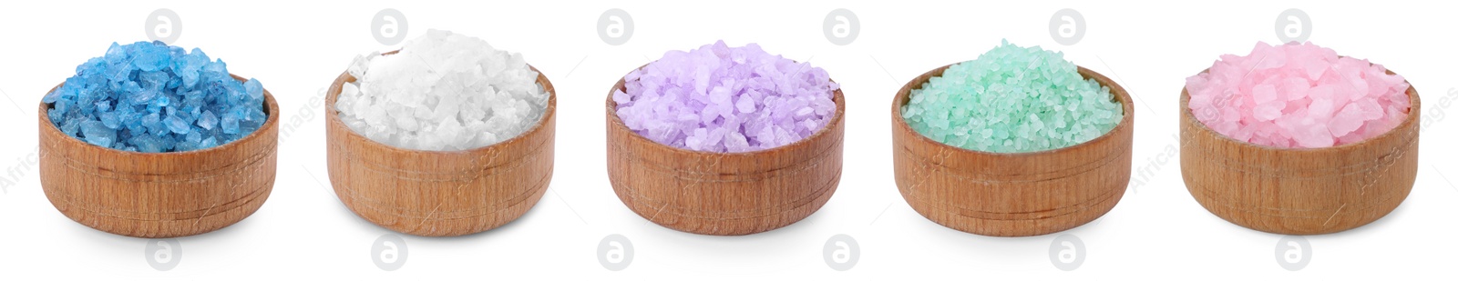 Image of Different sea salt in bowls isolated on whit, set