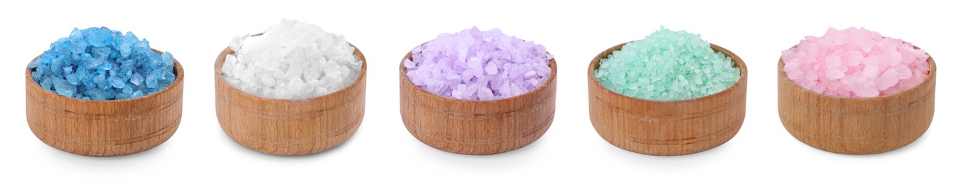 Image of Different sea salt in bowls isolated on whit, set