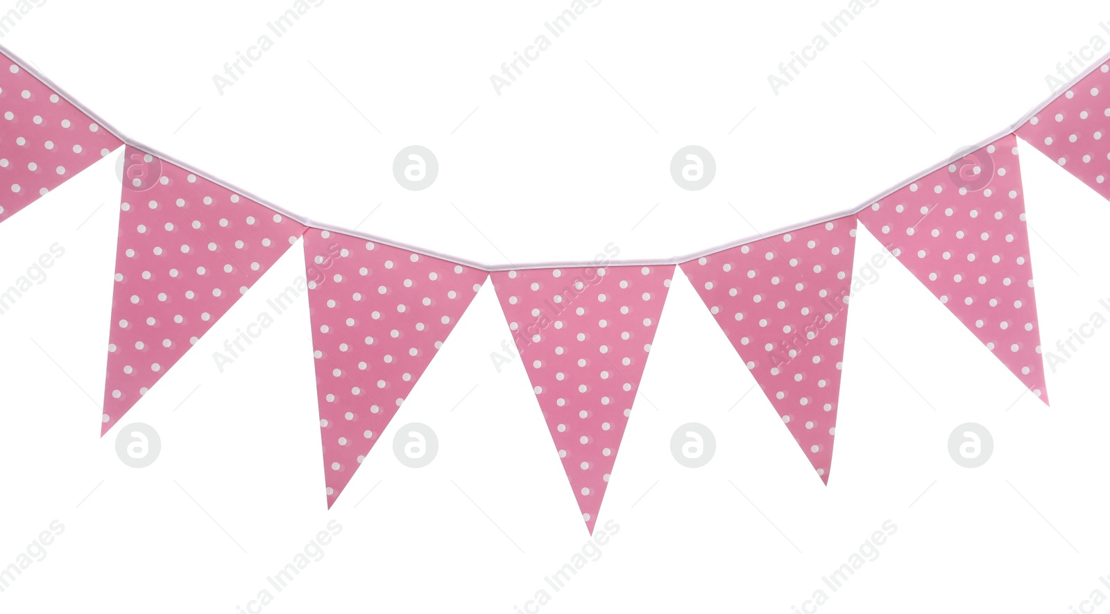 Photo of Triangular bunting flags on white background. Festive decor