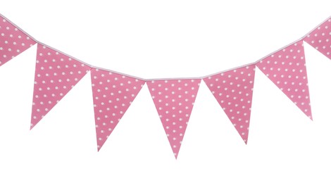 Photo of Triangular bunting flags on white background. Festive decor