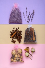 Scented sachets with dried flowers, coffee beans and spices on color background, flat lay