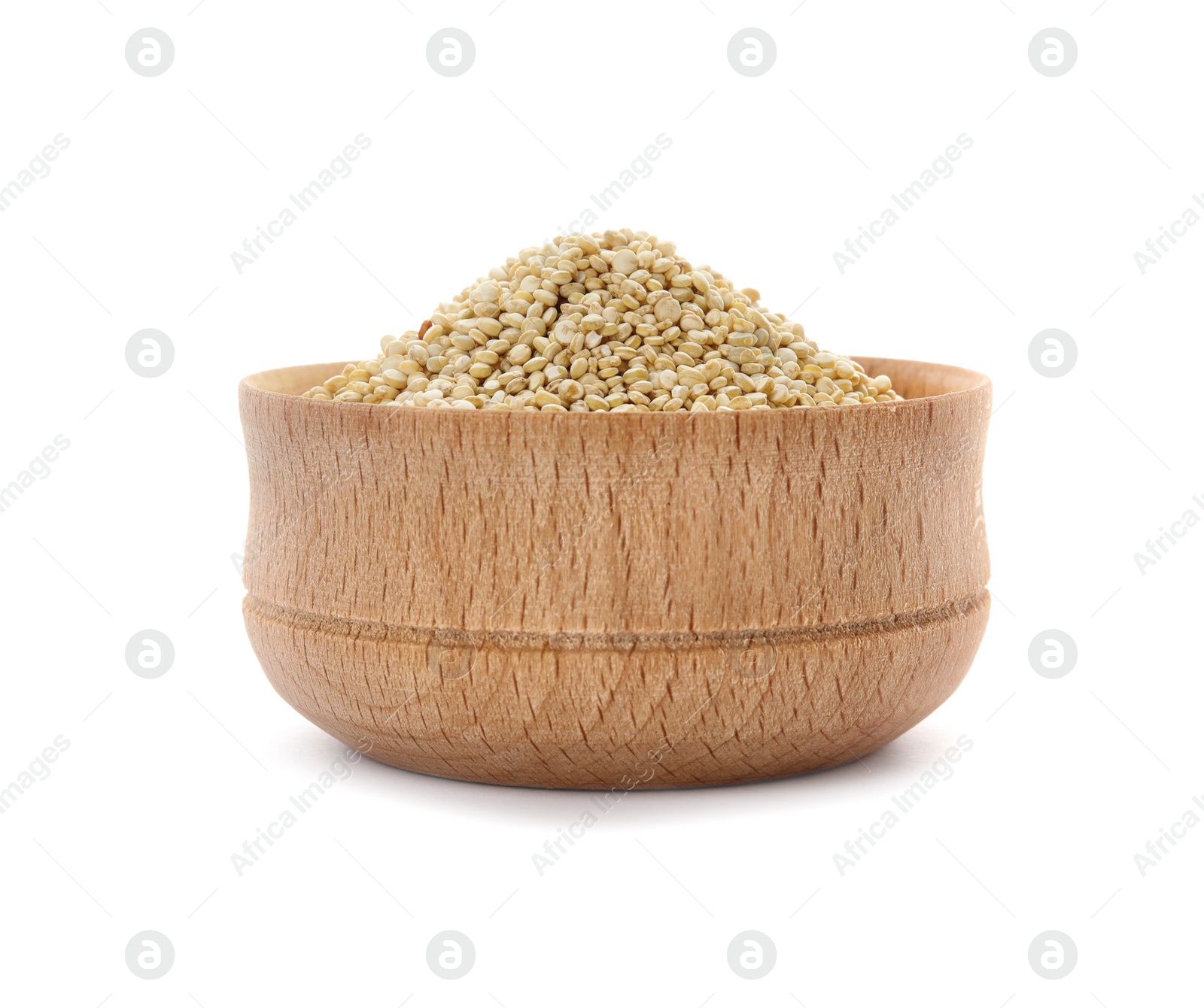 Photo of Bowl with raw quinoa on white background