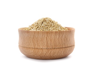 Photo of Bowl with raw quinoa on white background