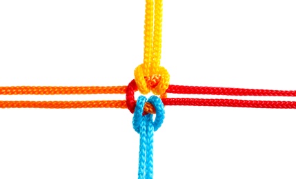 Photo of Colorful ropes tied together on white background. Unity concept