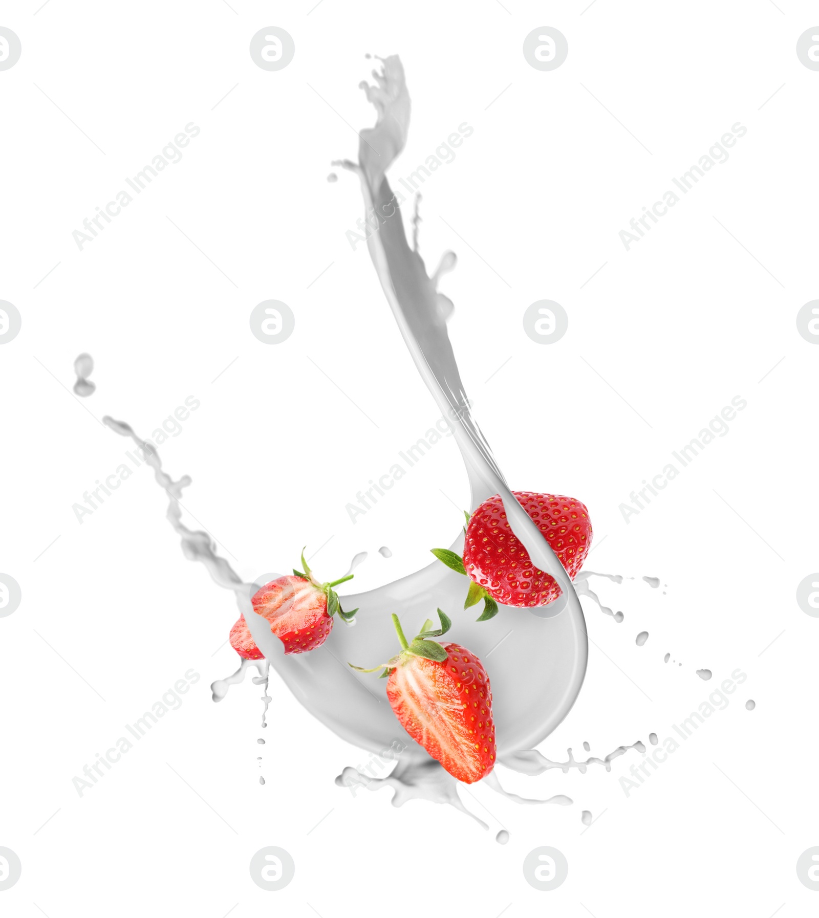 Image of Fresh strawberries with milk splash on white background