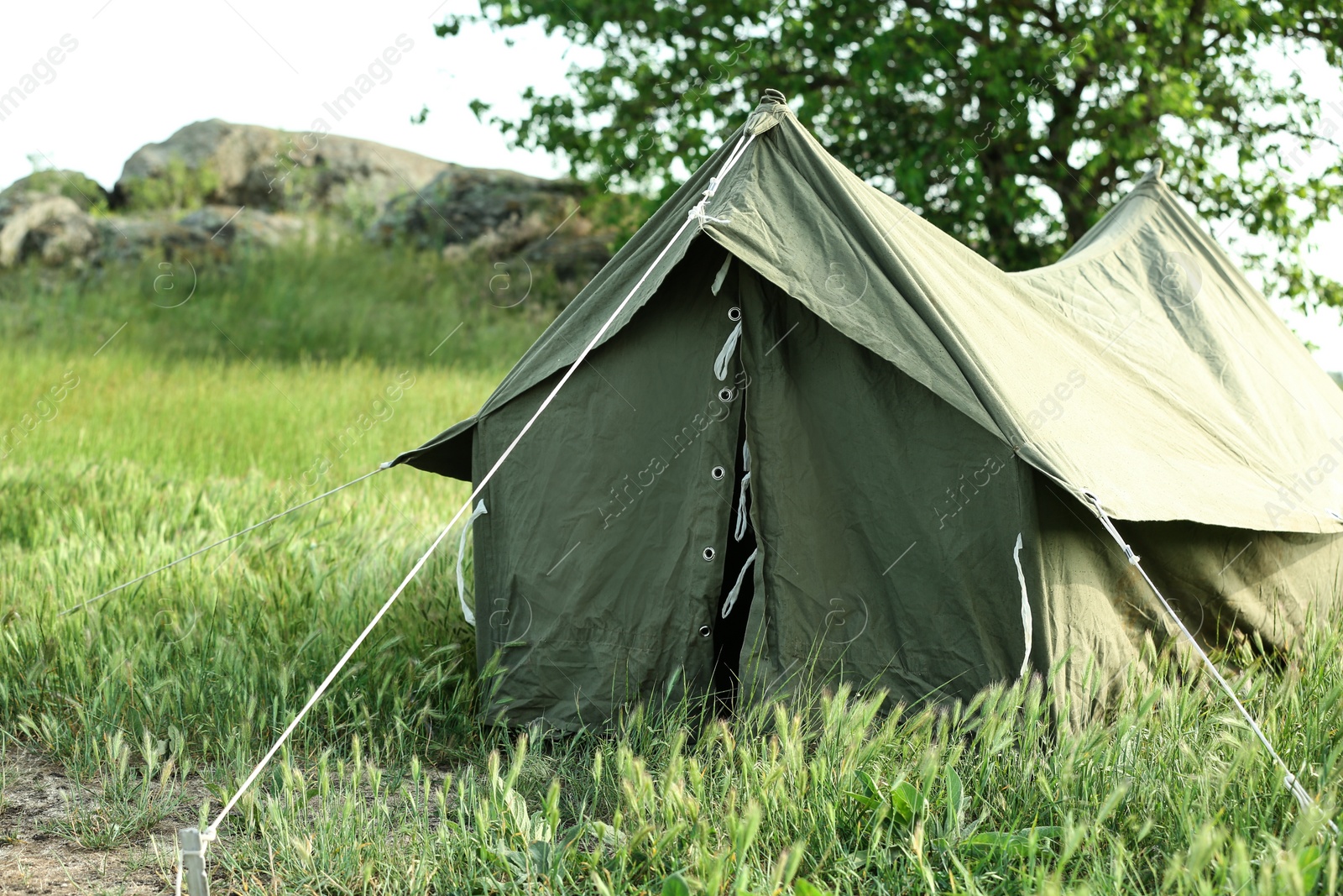 Photo of Camping tent in green field on sunny day. Space for text