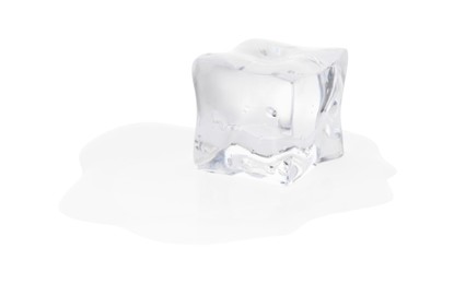 Photo of One melting crystal clear ice cube isolated on white