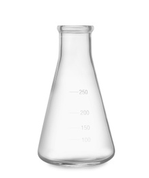 Empty conical flask isolated on white. Laboratory glassware