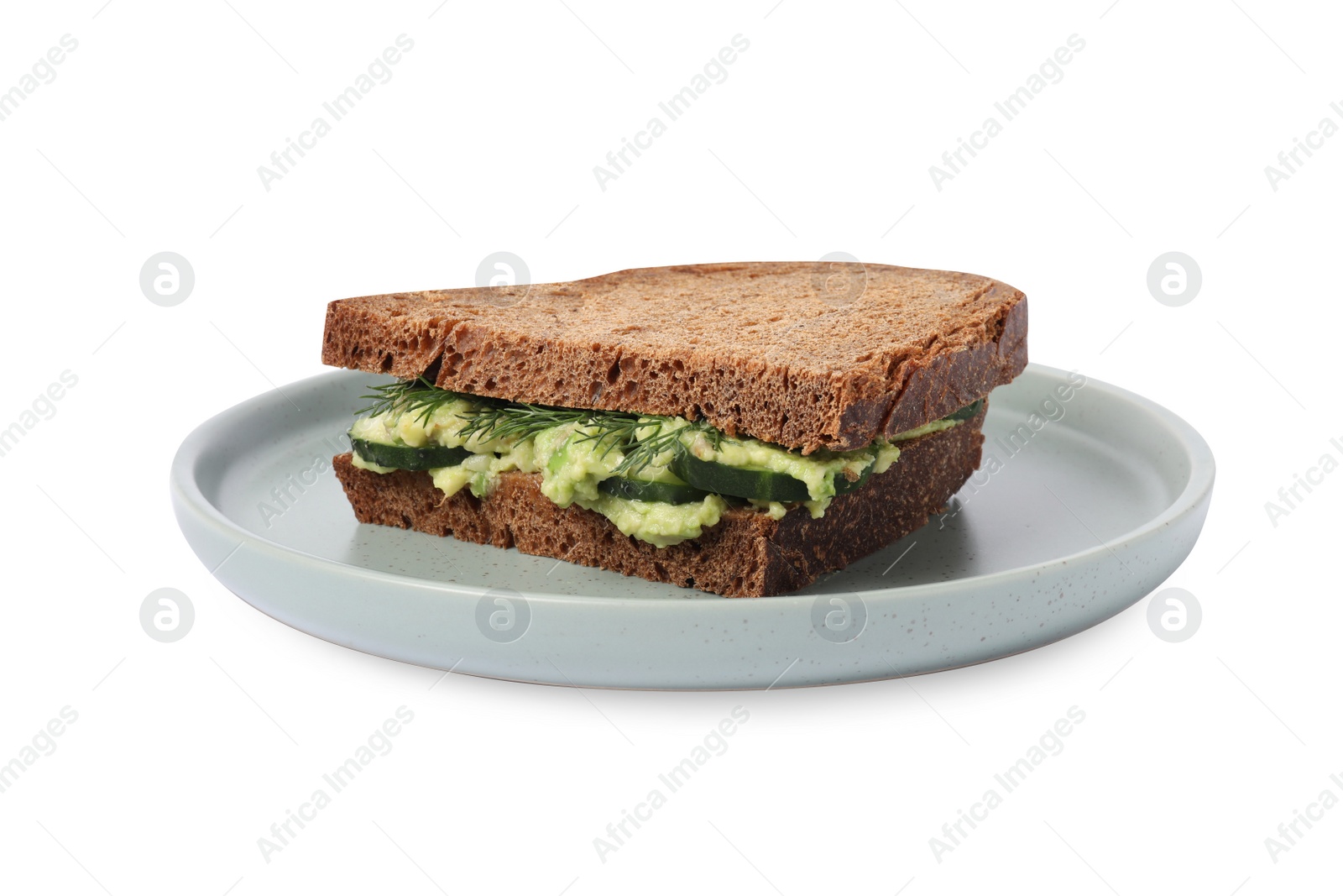 Photo of Tasty sandwich with cucumber, cream cheese and dill isolated on white