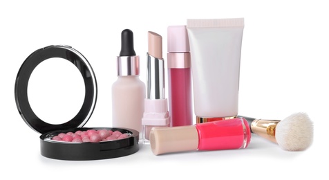 Photo of Different luxury cosmetic products on white background