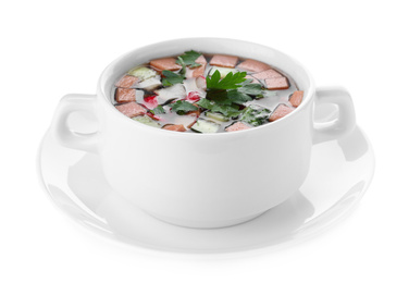 Delicious cold okroshka with kvass isolated on white. Traditional Russian summer soup