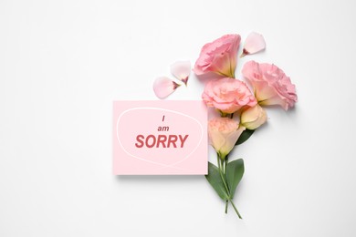 Image of Apology. Pink card with circled phrase I Am Sorry and beautiful Eustoma flowers on white background, flat lay. Space for text