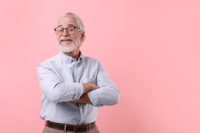 Photo of Portrait of stylish grandpa with glasses on pink background, space for text