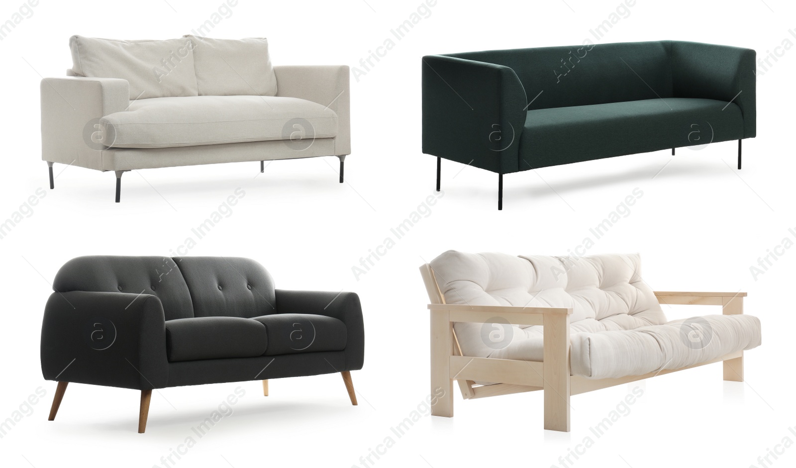 Image of Different stylish comfortable sofas on white background, collage